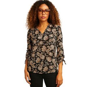 Roz & Ali Paisley Print Long‐Sleeve Blouse – Size S – V-Neck + Side Ties
